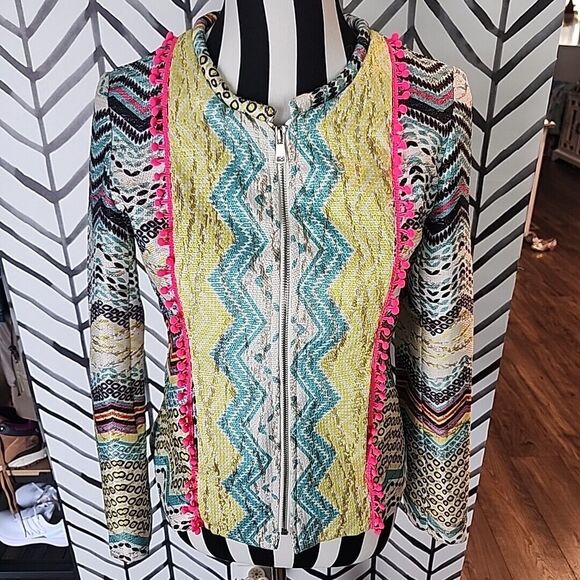 Holly Bracken Womens Blazer Jacket Sz Small Yellow Blue Chevron Print Zip Front - Picture 2 of 12